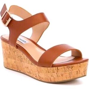 Steve Madden Breathe Leather Wedge Sandal in Cognac Brown